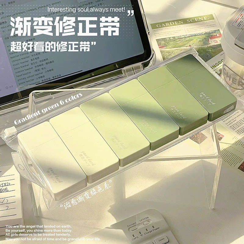 

6pcs Kawaii Gradient Green Correction Tapes Portable White Out Correction Band for School Korean Stationery Office Supplies