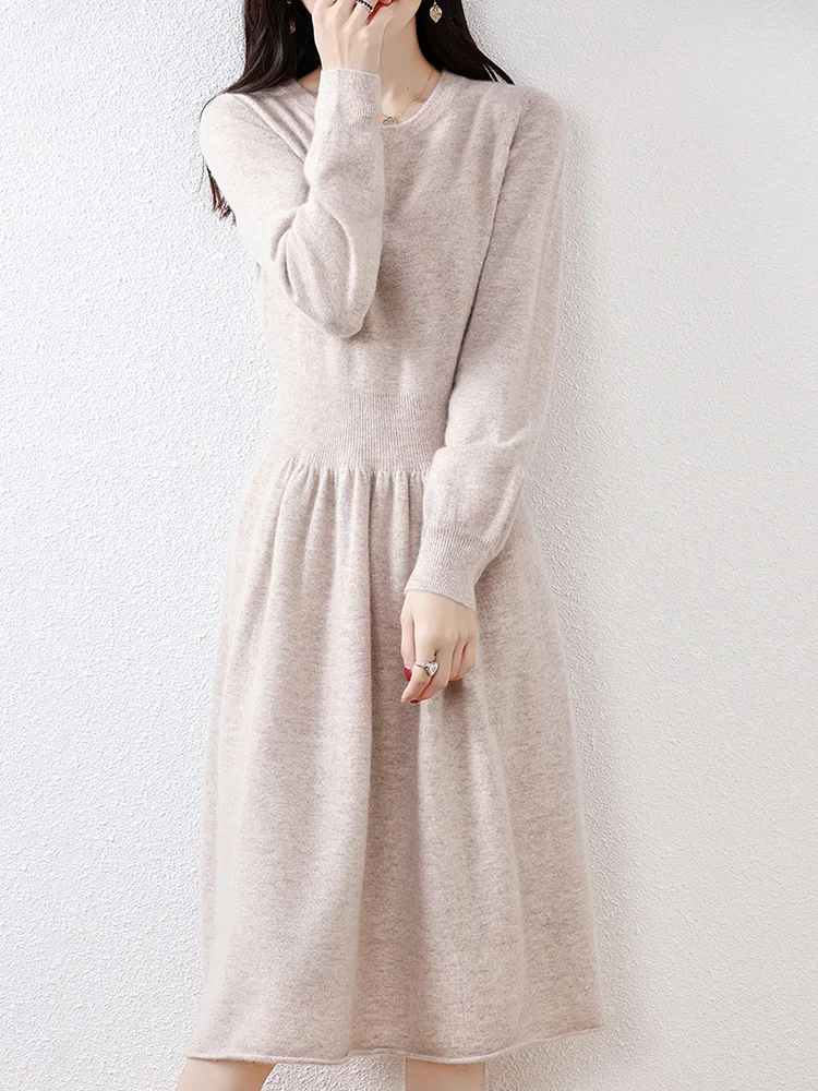 Платье с круглым вырезом 00 из чистой шерсти женское платье-свитер средней длины