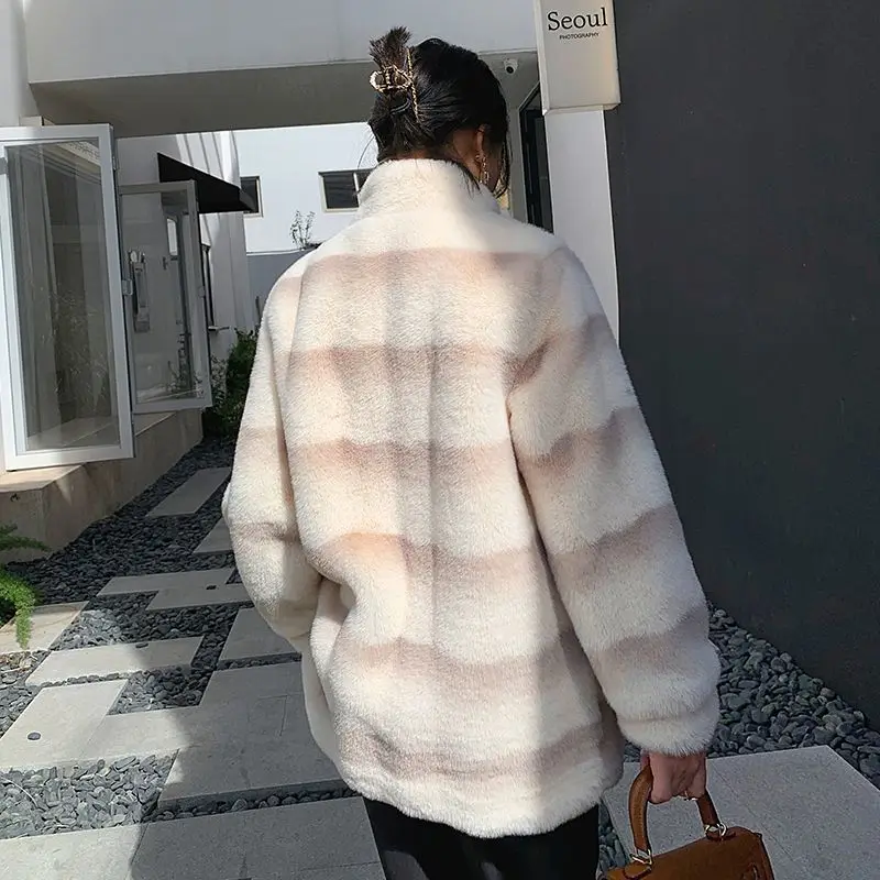 Winter New Loose Long Faux Fur Coat Women Solid Stand Collar Thick Warm Fluffy Jacket Female Clothing Korean Fashion Tops Parkas
