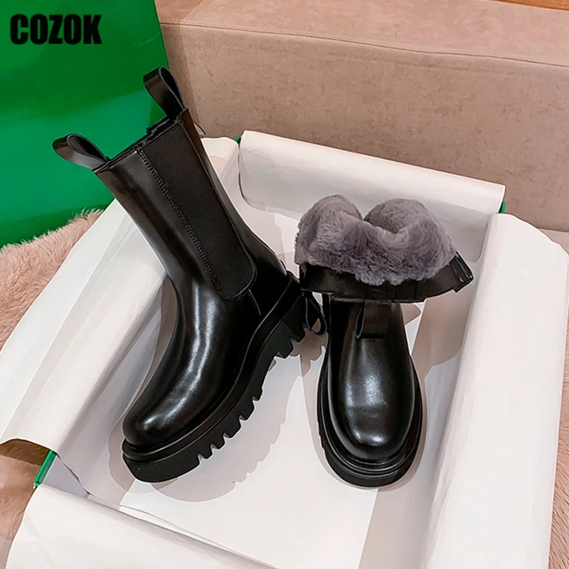 

Warm Winter 2023 New Chelsea Boots Women's Gothic Mid Calf Motorcycle Short Boot Ladies Thick Sole Chunky Heel Shoes Combat Chic