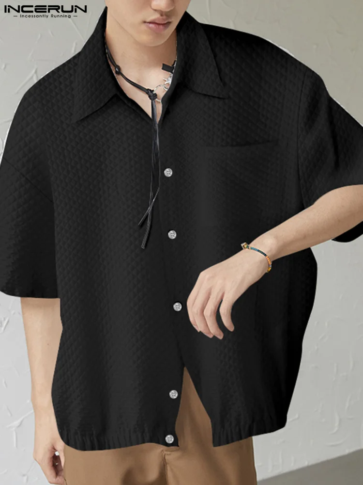 Korean Style New Men's French Seersucker Blouse Casual Streetwear Male Lazy Wind Drape Mid-Sleeve Shirts S-5XL INCERUN Tops 2022