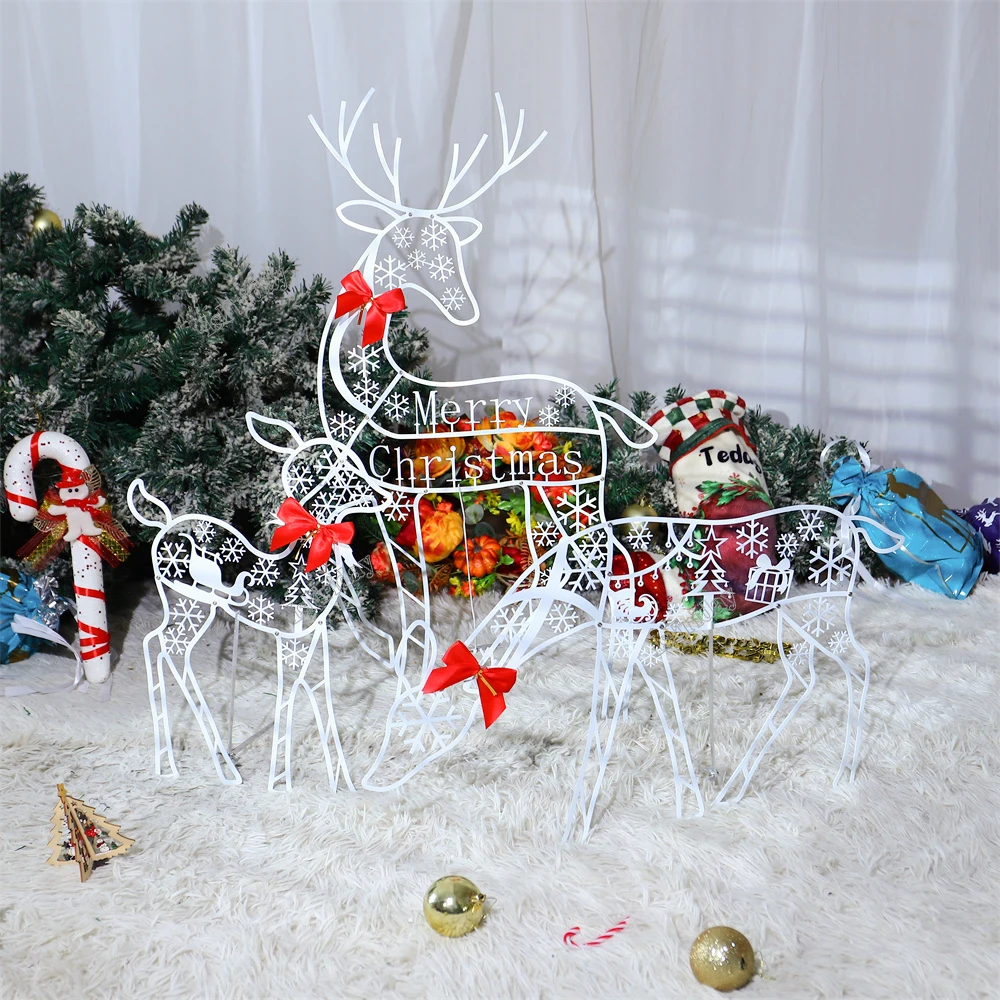 3PCS Handmake Iron Art Elk Deer Christmas Garden Decor &ampLED Light Glowing Glitter Reindeer Xmas Home Outdoor Yard Ornament