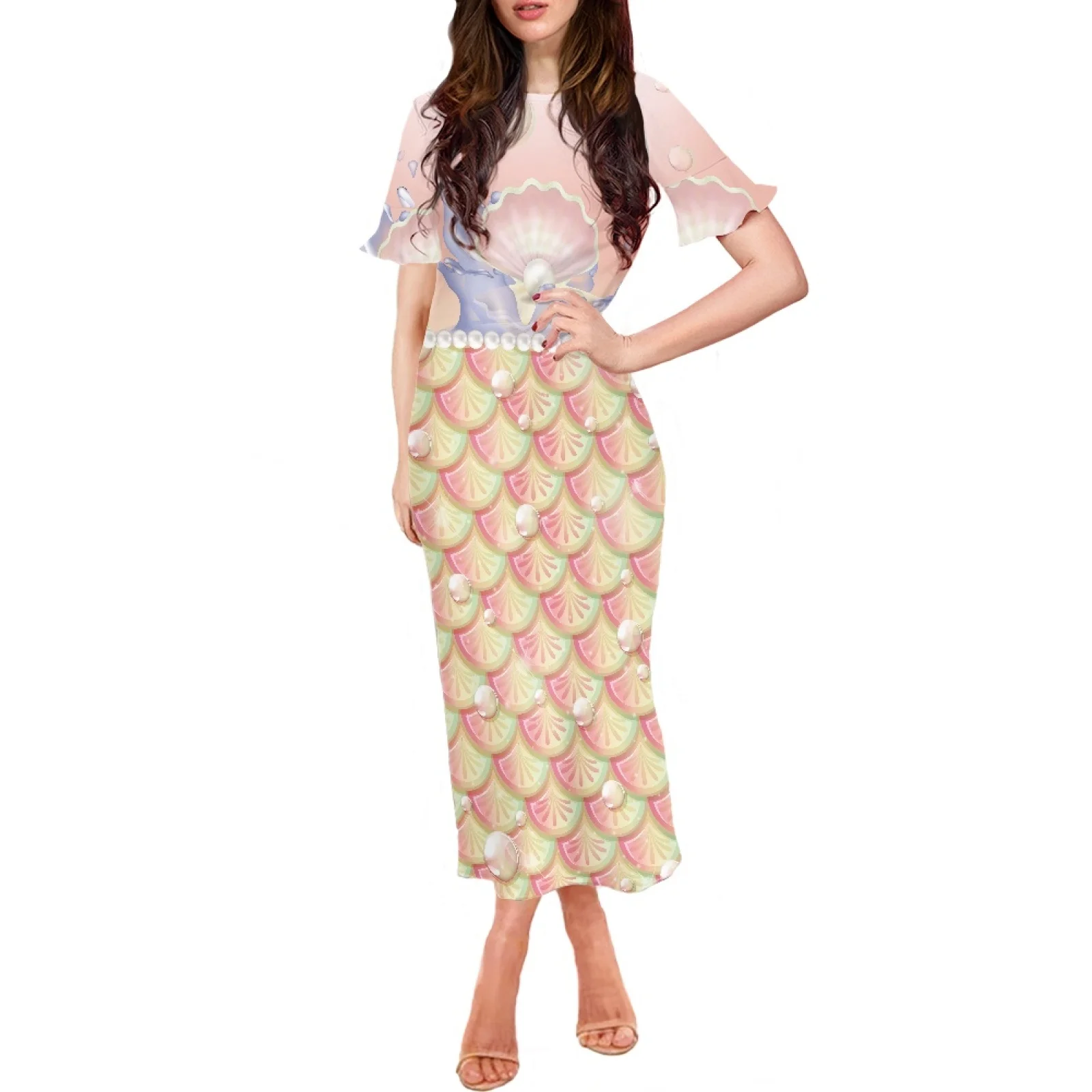 

Платье с короткими рукавами и оборками, красивое гавайвечерние Платье с принтом морской чешуи рыбы, полинезийское племя, облегающее вечерн...