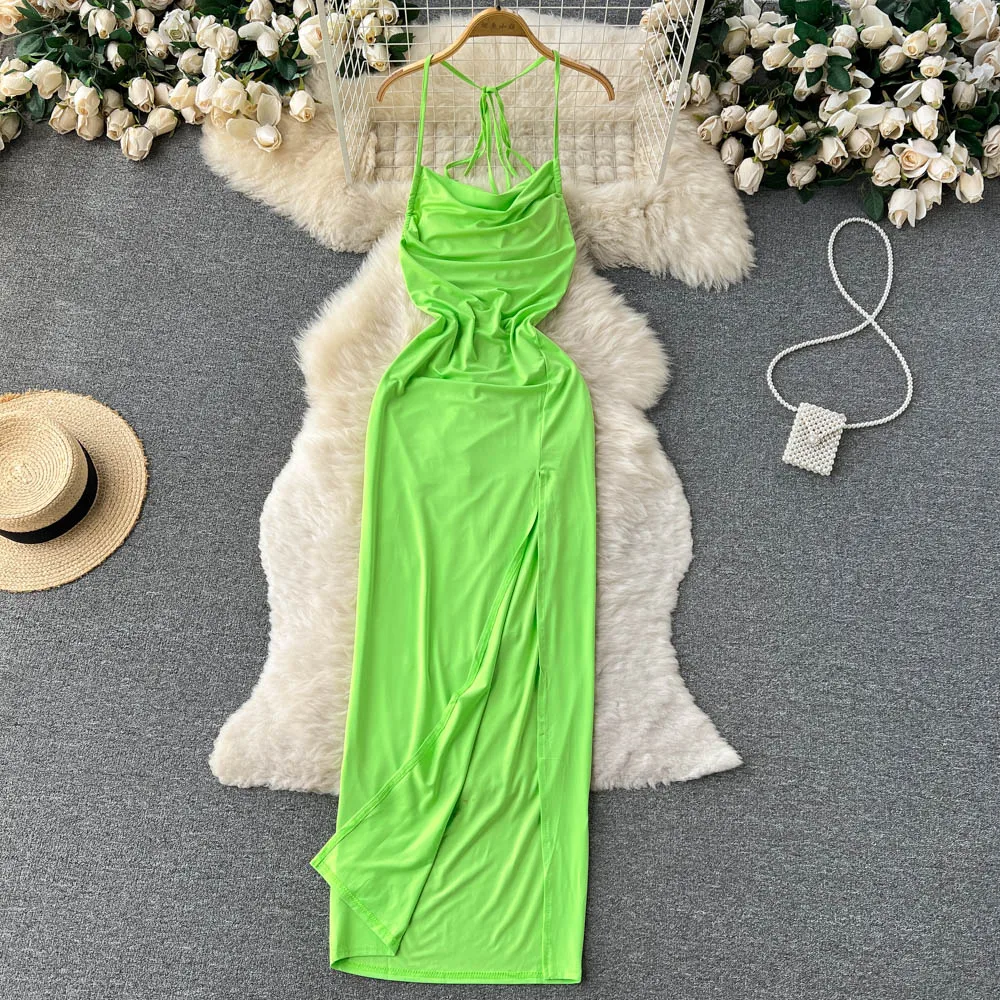 

Sexy Dress for women Summer Straight Green/Pink Hang Neck Open fork Midi Vestidos Swinging collar Backless Female Robe 2022 New