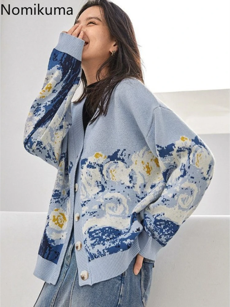 

Sueter Mujer Women Cardigan Jackets Fashion Print Vintage Knitted Oversized Sweater Tops V-neck Long Sleeve Korean Pull Femme