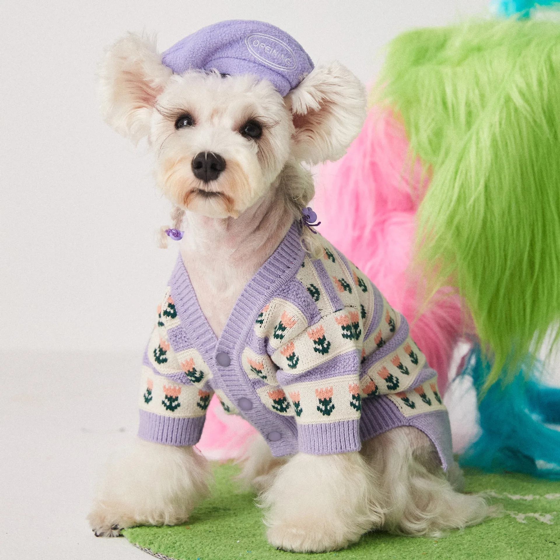 

Dog Clothes Purple Flowers Autumn and Winter Fitted with Elastic Fadou Schnauzer Bomei Bears Teddy Pet Sweater Cardigan