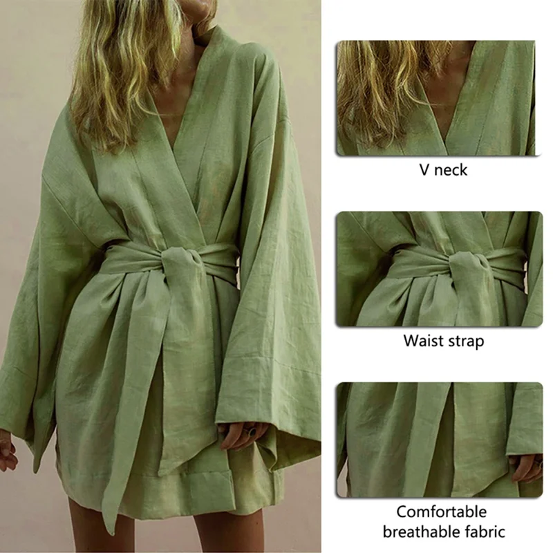 

Mini Dress Cotton Linen Long Sleeve Sashes Dresse Robe Style Summer Loose Vestidos Lace Up Women's V-Neck Kimono Cardigan