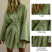 mini dress cotton linen long sleeve sashes dresse robe style summer loose vestidos lace up womens v neck kimono cardigan