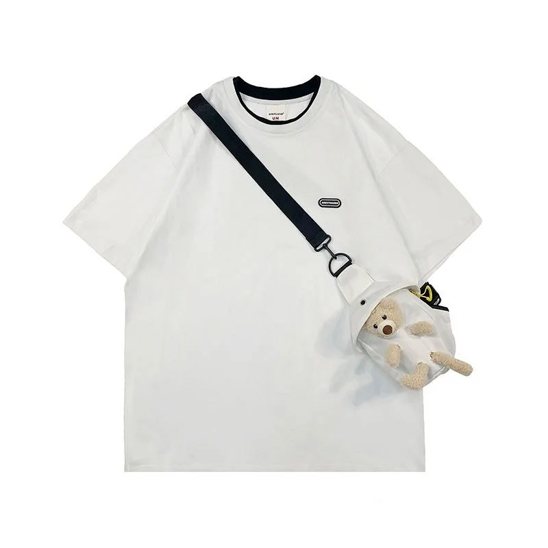 

Embroidery Short-sleeved T-shirt + Cute Bear Diagonal Backpack Summer New Female Loose Casual Top Student Solid Color T-shirts