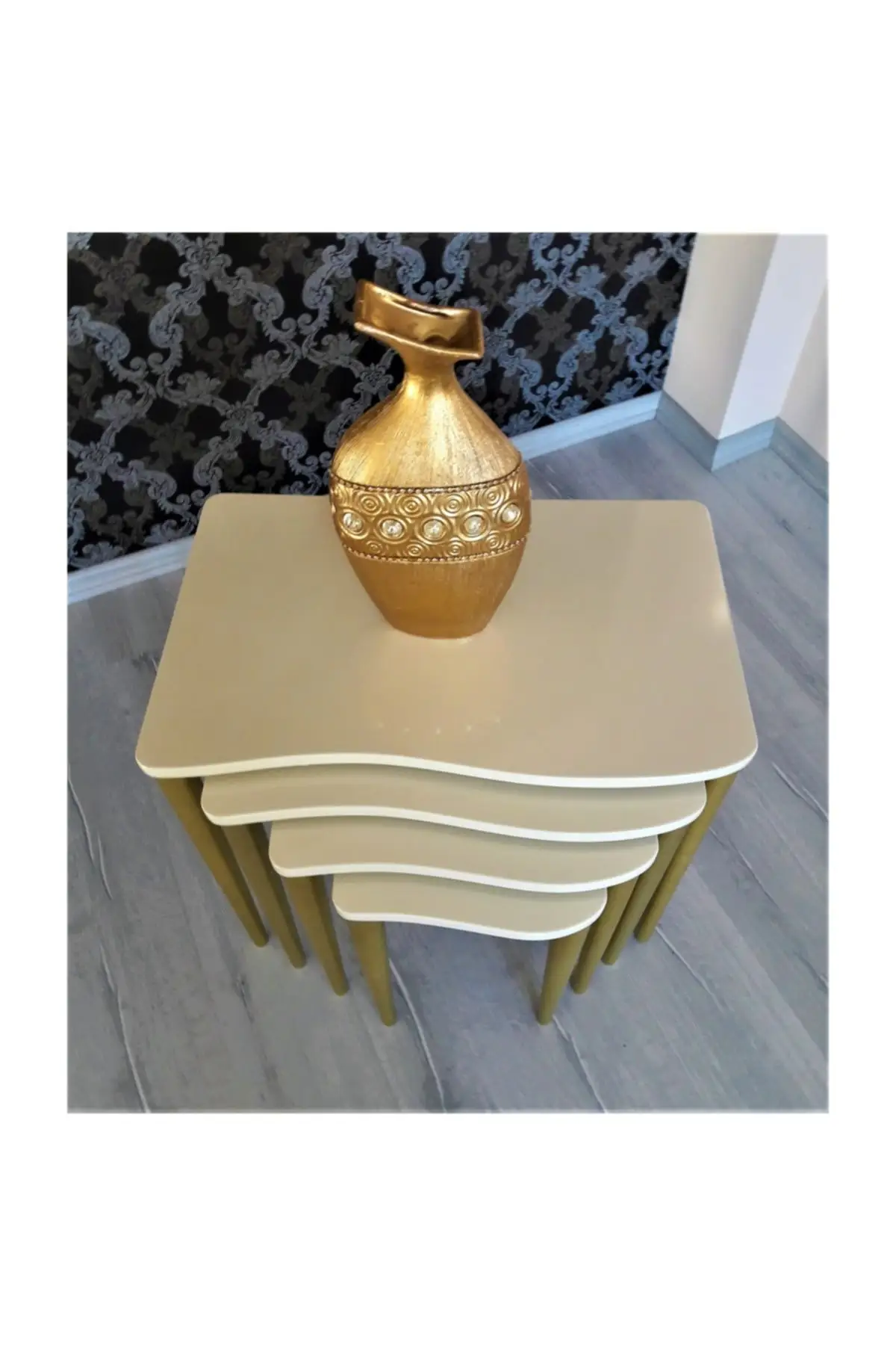 

Modern Swan Series ''4'l Zigon Coffee table and Medium Coffee table Set Cream Gold Pedestal coffe table