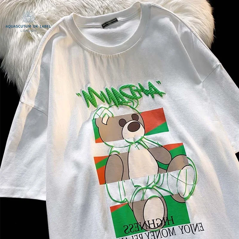 

Хлопковая летняя американская Повседневная футболка Aquascutum с принтом медведя и короткими рукавами для мужчин и женщин, оверсайз