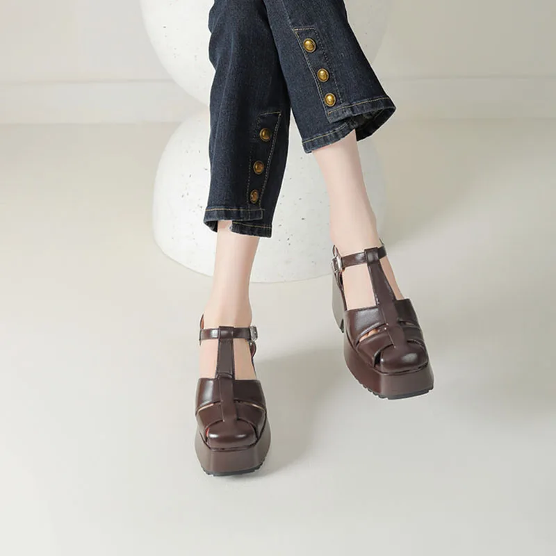 Женские сандалии на платформе Phoentin 2024 с Т-образным ремешком закрытый носок