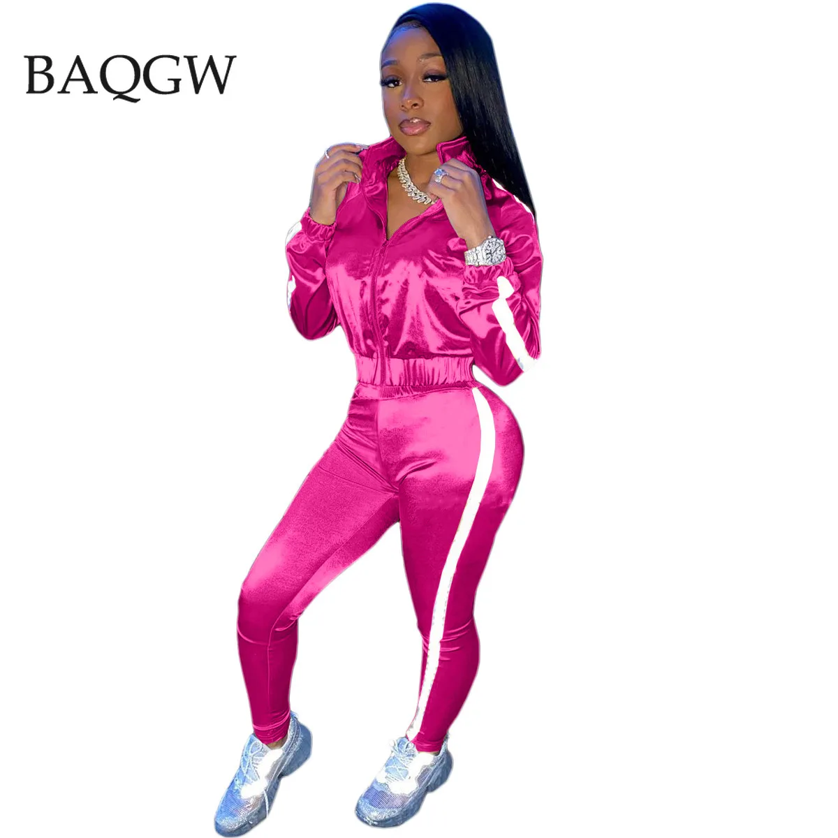 

Reflective Striped Patchwork Women Tracksuit Spring Autum Long Sleeve Two Piece Sets Zipper Jacket Jegging Pants Set Outfits