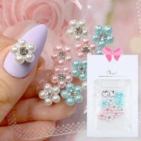 10pcs pearl flower nail art jewelry vintage korea 3d rhinestones stereo pile nail charms blooming floret manicure decors parts