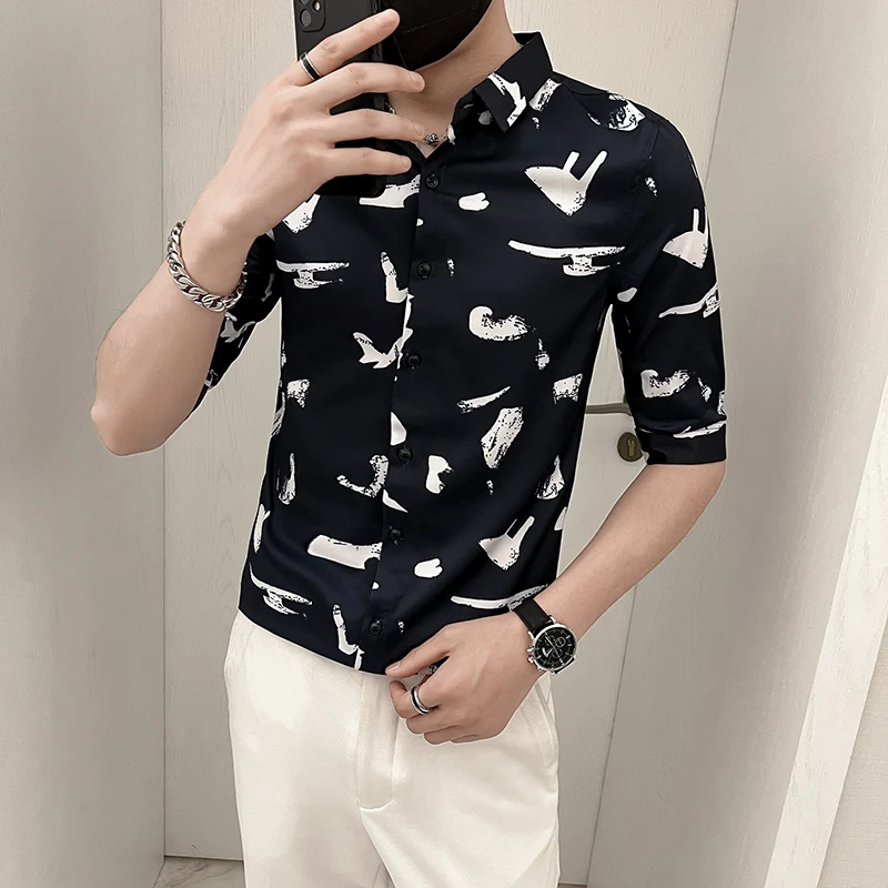 Fun Printed Shirts for Men 2022 Summer Half Sleeve Slim Casual Business Formal Dress Shirt Social Party Tuxedo Tops Men Clothing