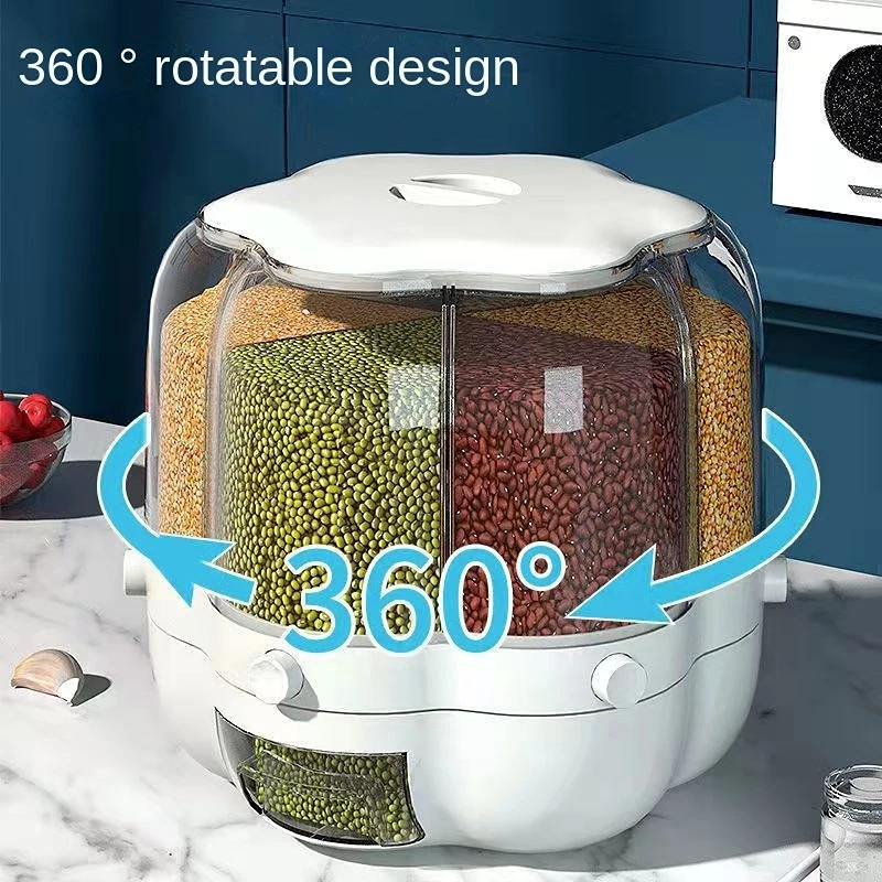 

360° Rotating Grid Grain Rice Dispenser Bulk Cereals Rice Barrels Separated Jars Sealed Insectproof Rice Tank Container Kitchen