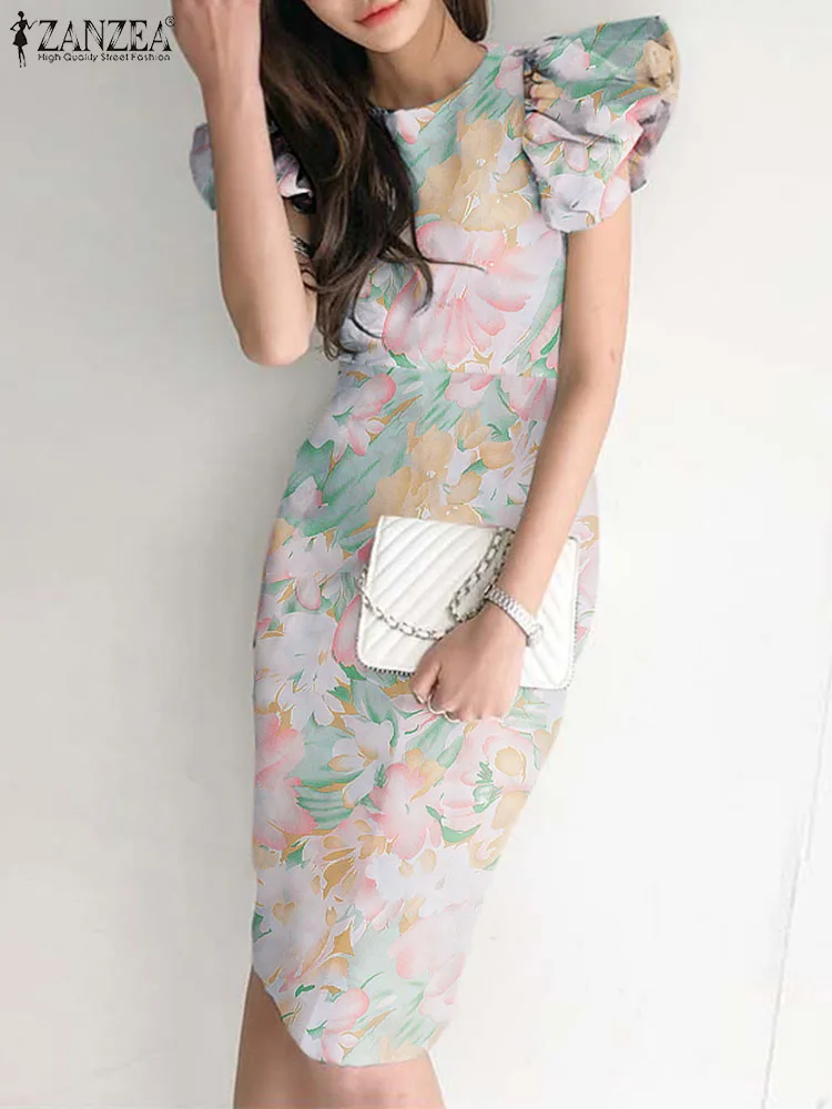 

ZANZEA Elegant Sexy Sheath Dress Korean Fashion Round Neck Slim-fit Women Mini Dress Ruffled Sleeve Floral Print Beach Sundress