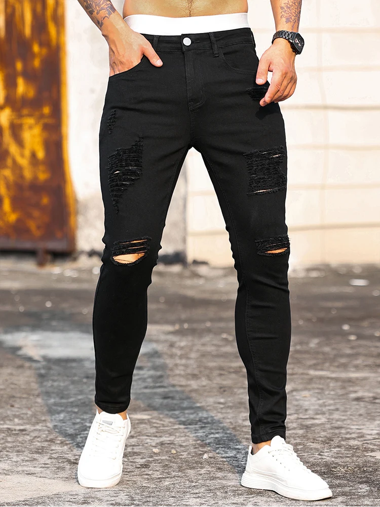 Fashion Men's Street Ripped Jeans Pure Black Stretch Tight Small Foot Pencil Pants Boyfriend Club Clothing Denim Ropa Hombre