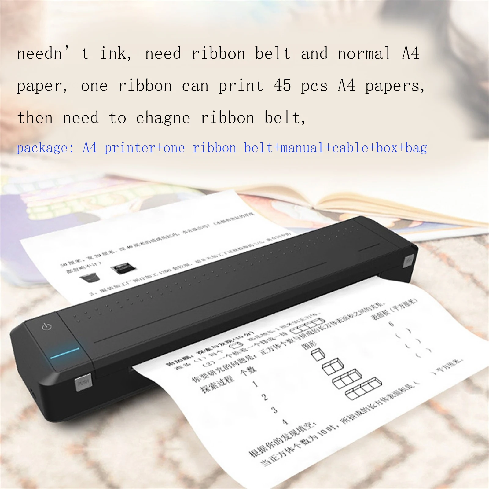 

A4 printer thermal transfer Document PDF photo picture Printing no ink with ribbon belt portable wireless bluetooth free APP