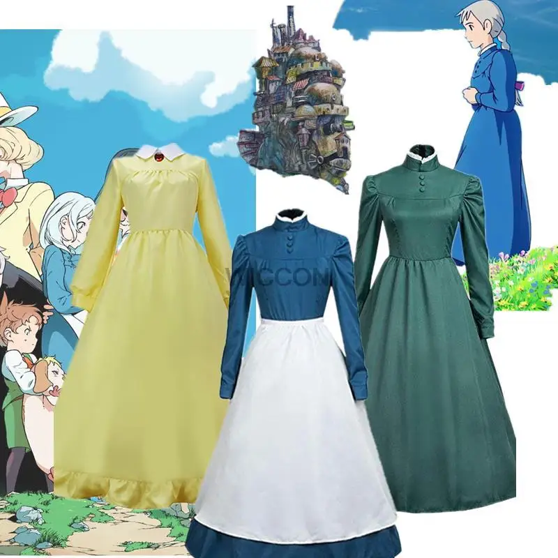 

Anime Howl's Moving Castle Cosplay Costumes Howl Sophie Hatter Dress Blue Yellow Green Uniforms For Women Halloween Carnival