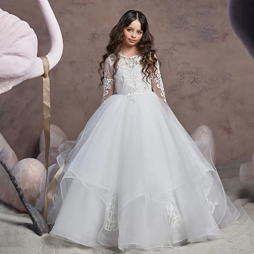 

2022 Princess Floor Length Flower Girl Dresses Party Tulle Long Sleeve Appliques Jewel Neck with Solid
