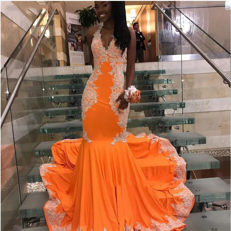 

Elegant Evening Dresses For Women Luxury Orange Halter Neck Exposed Boning Mermaid Applique Lace Women's Prom Dresses Sexy Forma