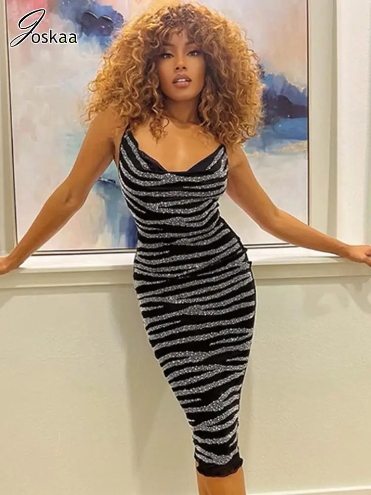 

Joskaa Sexy Rhinestone Black Midi Dress Women Hipster Spaghetti Strap Backless Body-Shaping Robe Summer 2023 Vintage Streetwear