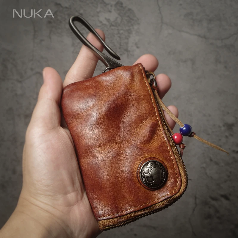 Фото NUKA Топ из воловьей кожи, сумки для ключей от машины, мужские и женские винтажные портмоне на молнии, кошелек из натуральной кожи, держатель для карт ‌ Домашний органайзер для экономки №1