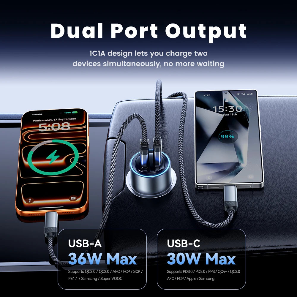 Фото Автомобильное зарядное устройство Toocki 66W USB Type-C с быстрой зарядкой PD 30W SFC PPS для iPhone 17 16 15, Samsung Galaxy S26 S25, Xiaomi, Huawei №3