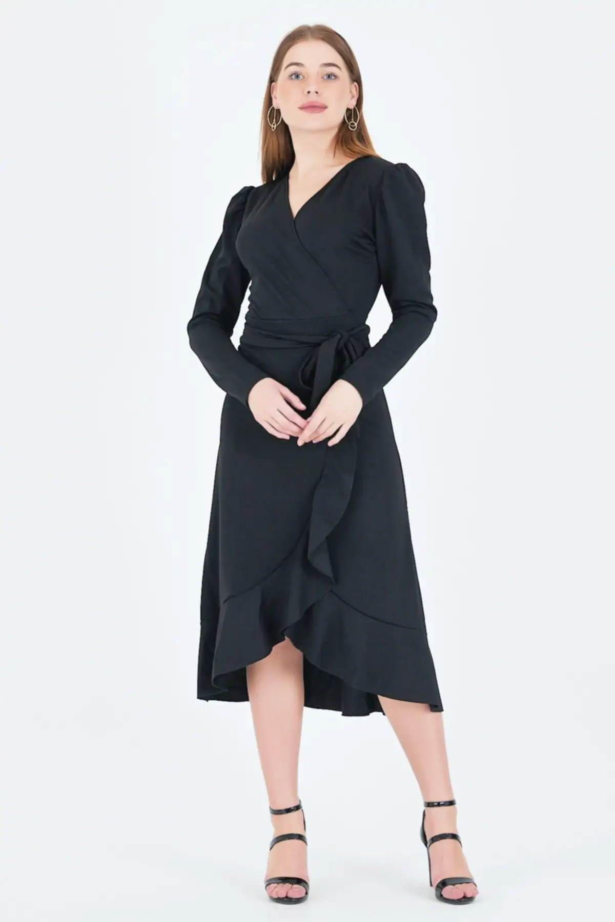 

Женское трикотажное платье средней длины, черное платье из креповой ткани с поясом, двубортное текстурированное платье с длинным рукавом и ...