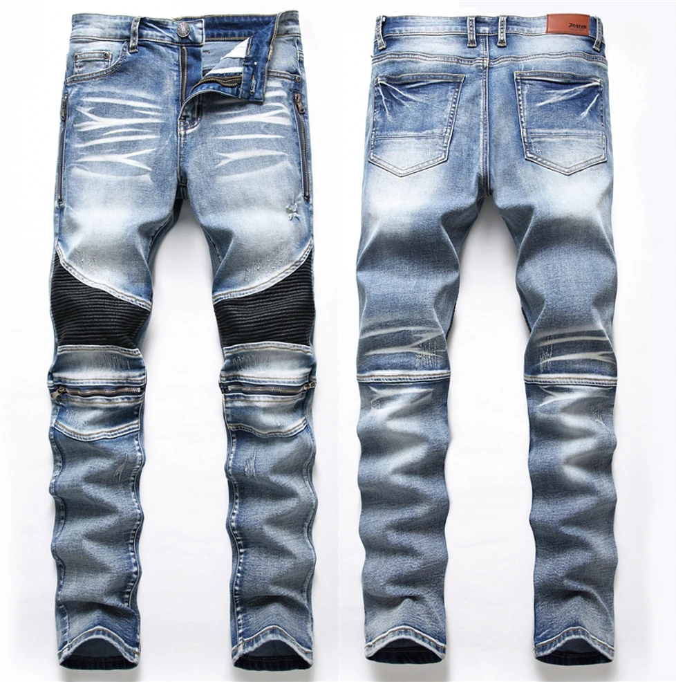 

New Biker Jeans Men 2022 Autumn Casual Washed Cotton Fold Skinny Ripped Jeans Hip Hop Elasticity Slim Denim Jeans Pants Home