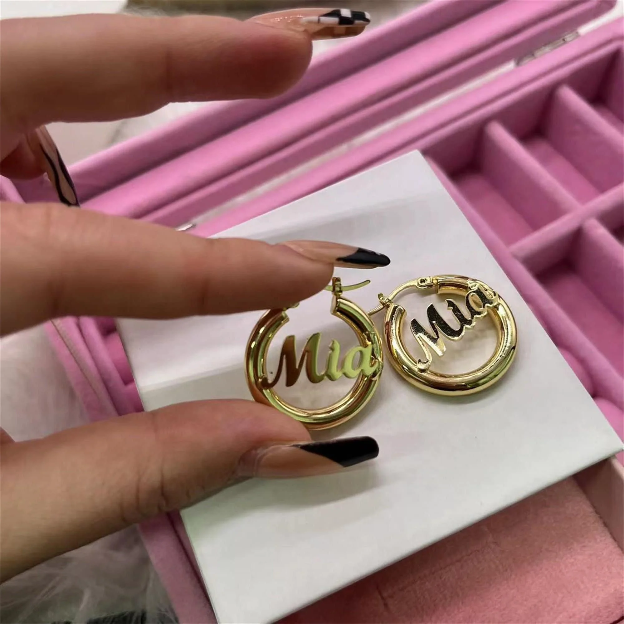 

VishowCo Kids Name Hoop Earings Stainless Steel Personalized Name Drop Earrings Customize ID Dangle Earring Women Party Gift