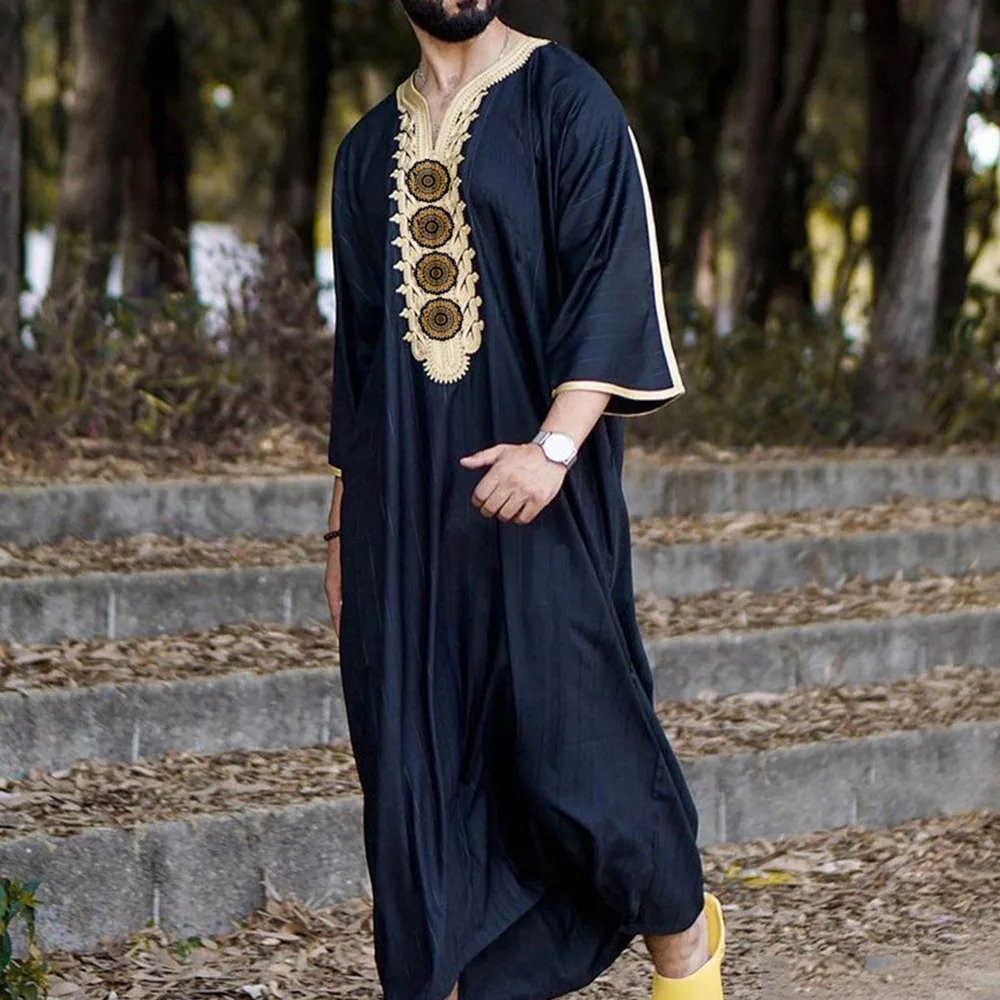 National Style Men's Long Shirt Leisure Youth Black Muslim Robe De Moda Musulmana Islamic Men Clothing 2022 Fashion