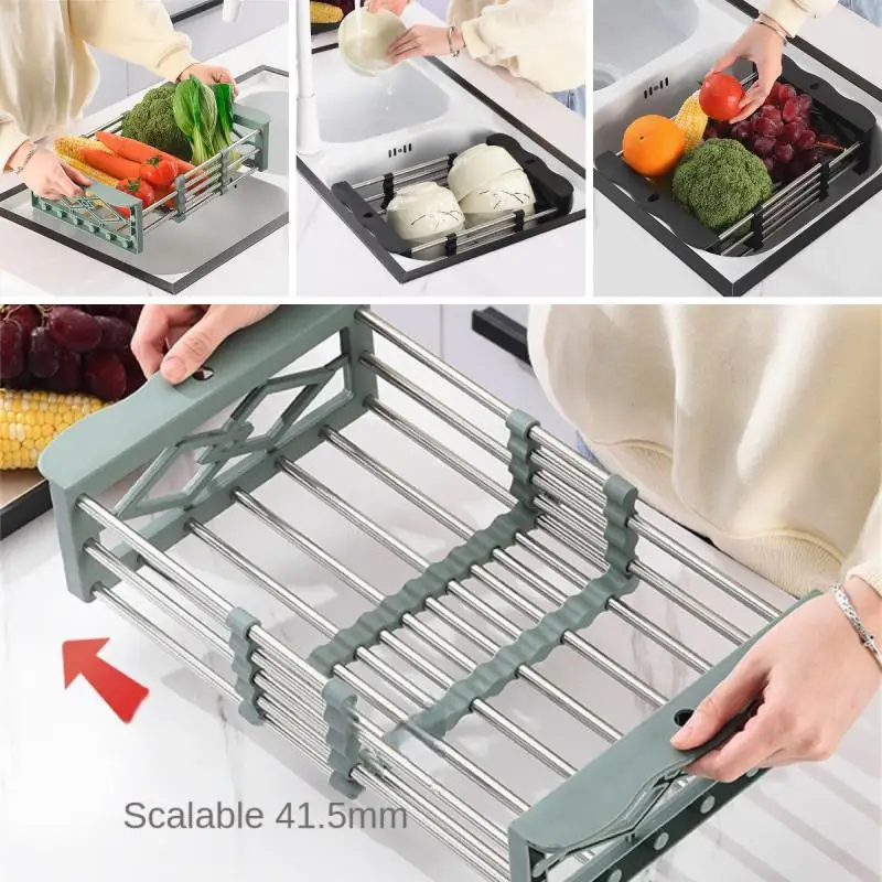 

Multifunctional Kitchen Sink Drain Rack Retractable Stainless Steel Drain Basket Over The Sink Dish Drying Rack Accessories