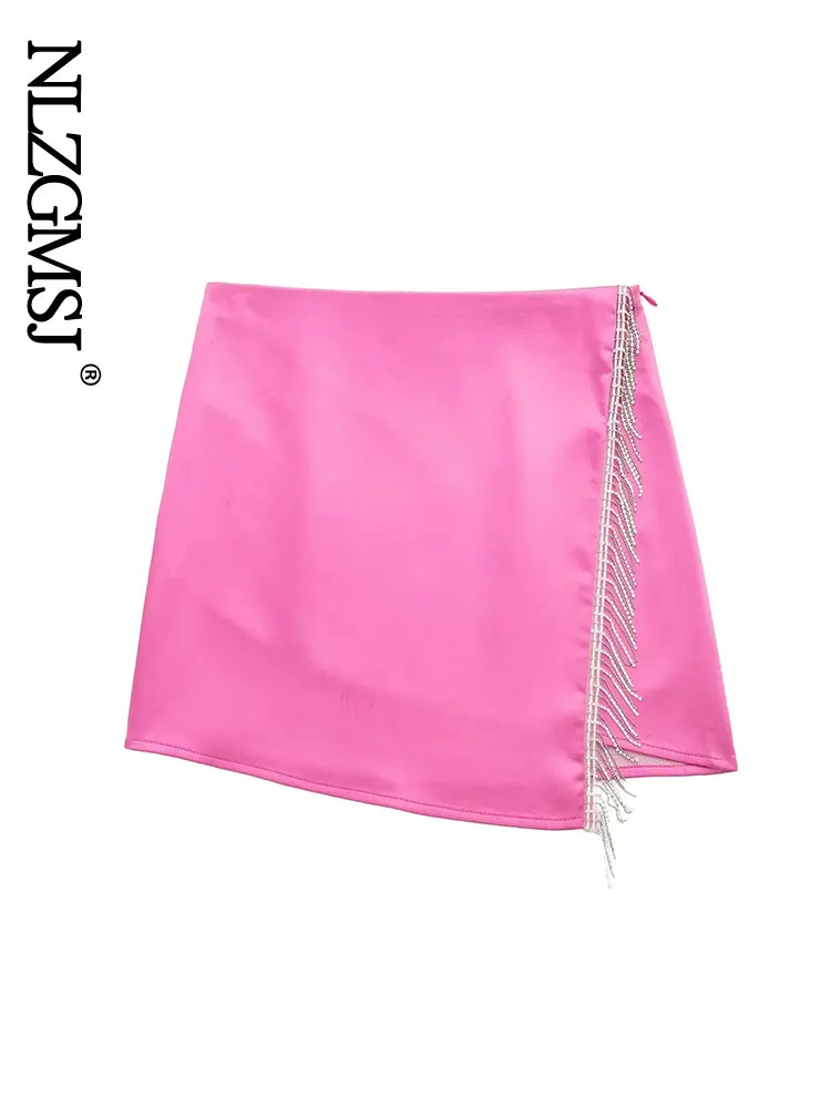 

Nlzgmsj Women Fashion With Bejewelled Fringe Detail Mini Skirt Vintage High Waist Side Zipper Female Skirt Mujer