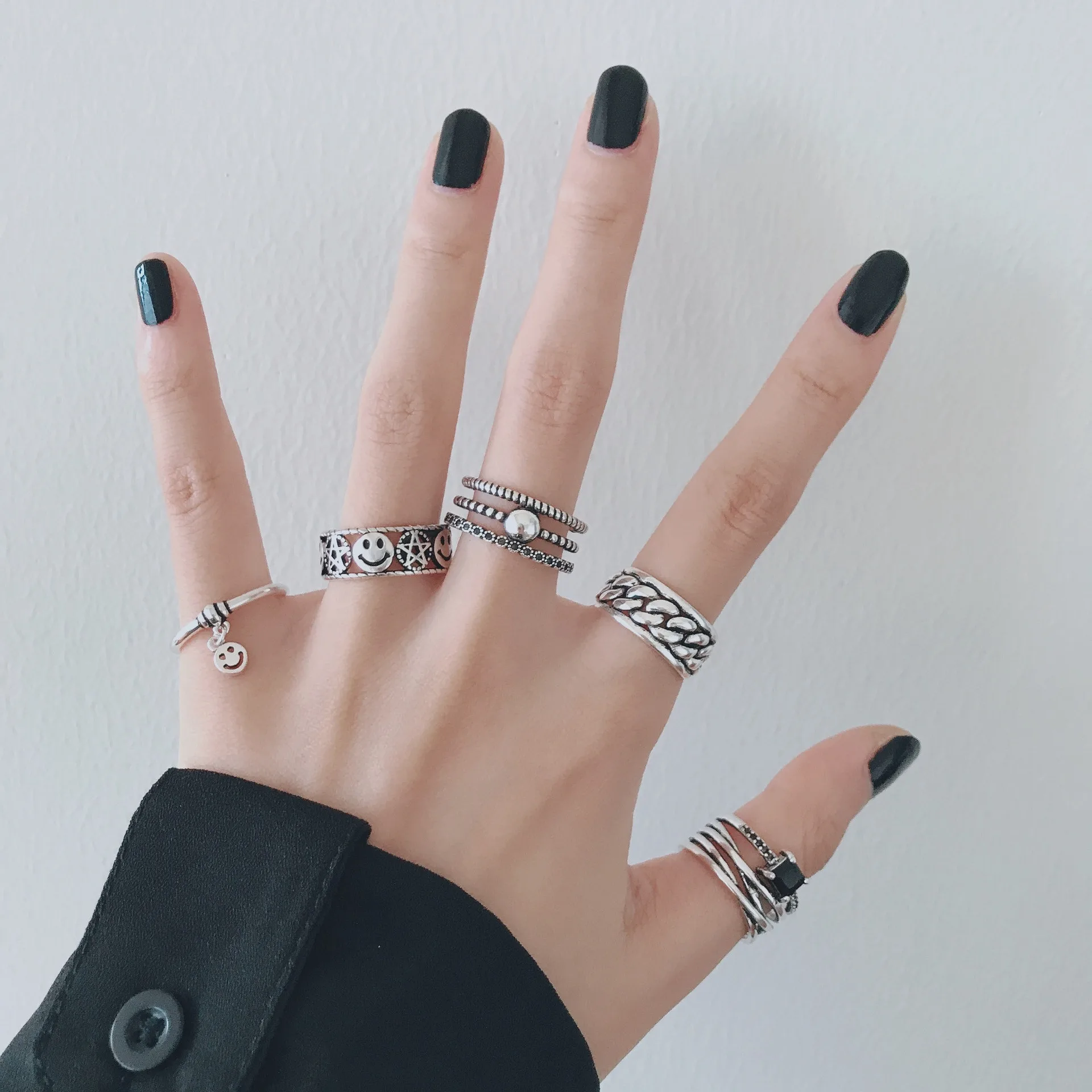 

FMILY Minimalist Geometric Star Smiley Ring S925 Sterling Silver Retro Fashion Temperament Hip-hop Jewelry for Girlfriend Gift