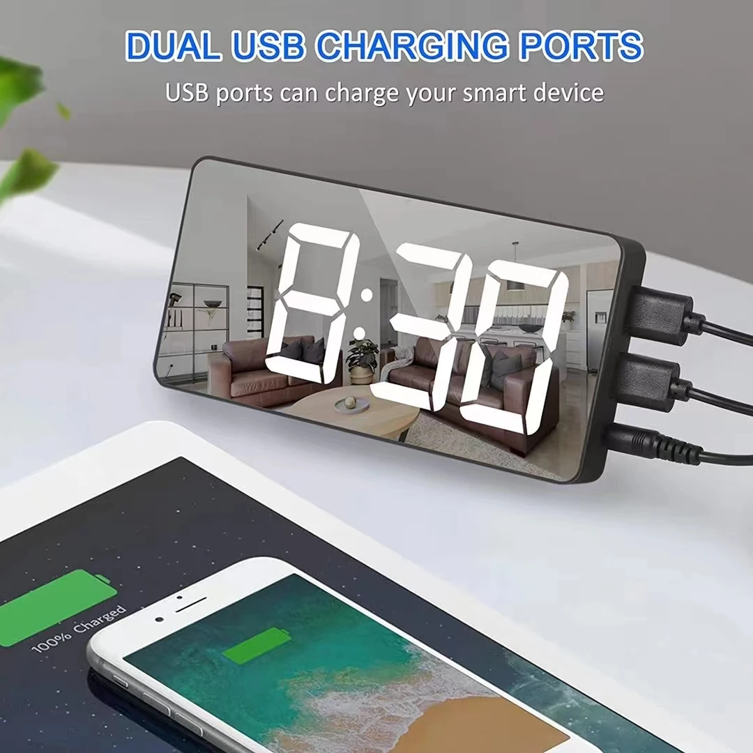 

Digital Clock Mirror LED Electronic Alarm Clock Simple Two USB Ports Dual-use Clock Desk Watch Electrical Clock Table Clock