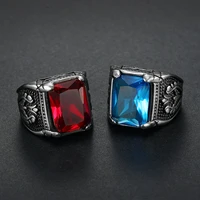 megin d stainless steel titanium square blue red zircon stone flower carved retro vintage ring for men women couple gift jewelry
