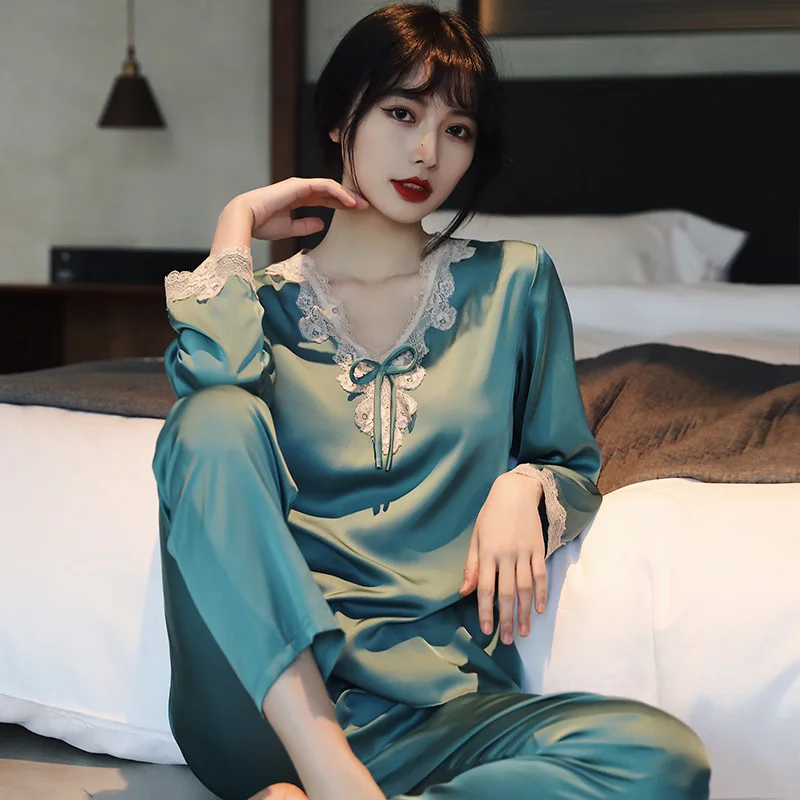 New Spring, Summer and Autumn Thin Type Silk Long Sleeve Lace Casual Women's Ice Silk Pajamas Pullover Pajamas