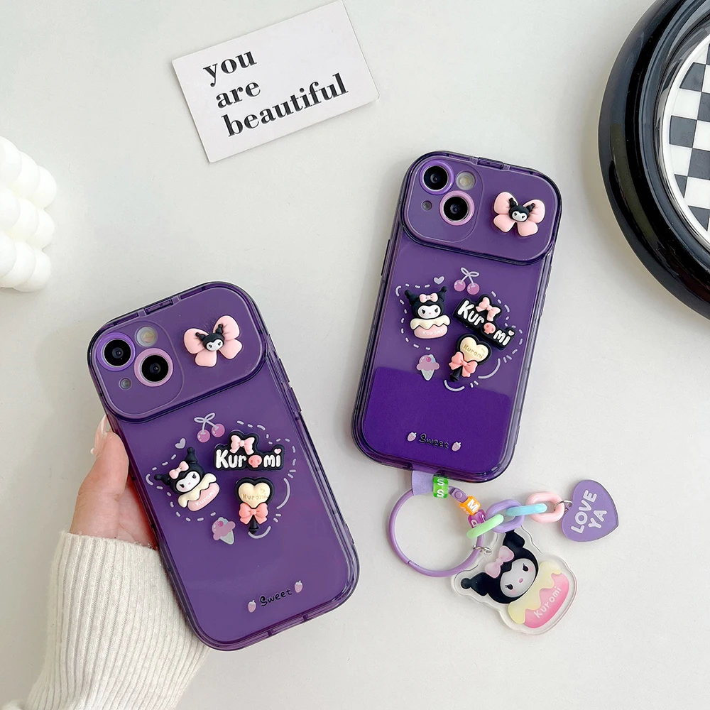 Милый прозрачный чехол для телефона Sanrio kuromi с украшением в виде цепочки для ключей, зеркалом для макияжа для Iphone 11 12 13 14 Pro Max Xr Plus