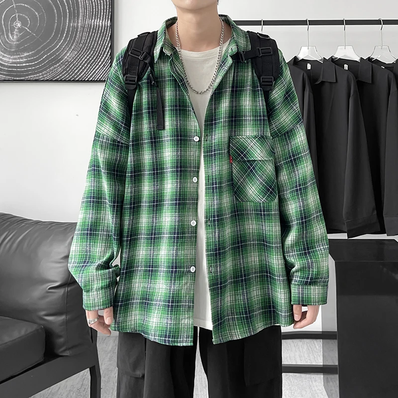 EOENKKY/Spring Japanese Fashion Plaid Shirt Men's Casual Loose Long-sleeved Shirt Harajuku Street Large Size Retro Men's Top