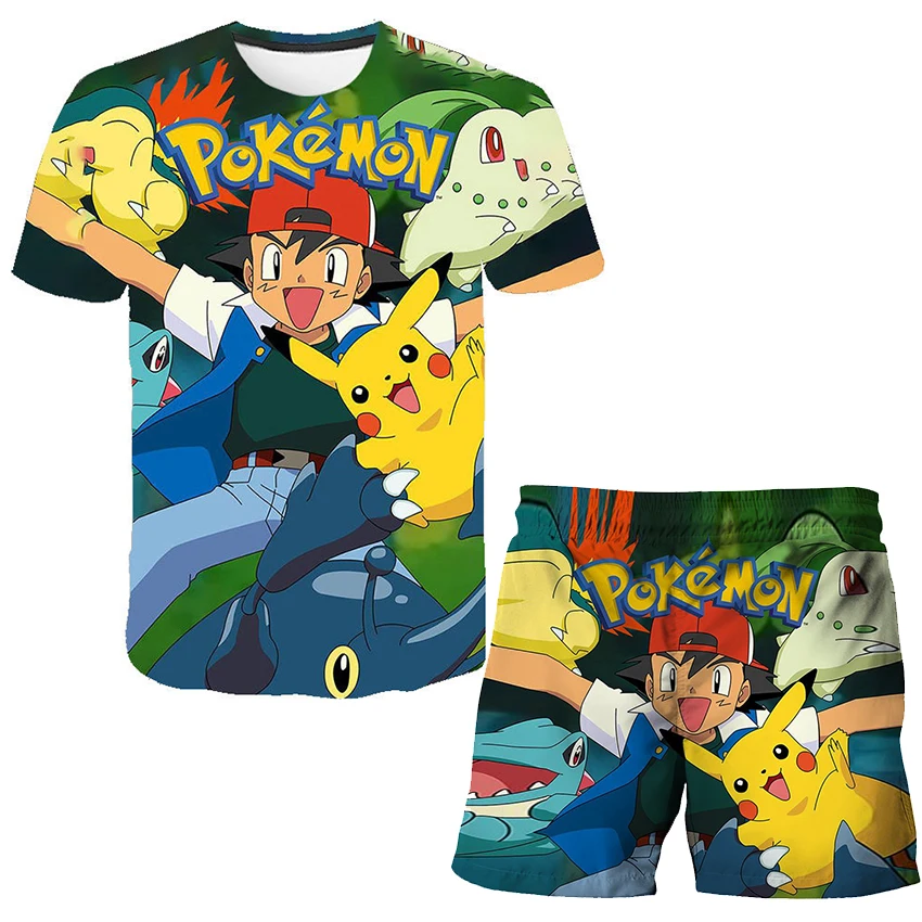 

2023 Kids Pokemon- Clothes Sets Tshirts Boys Cartoon Outfits Summer T Shirt Suit Children Clothing Casual Top T-shirt + Shorts