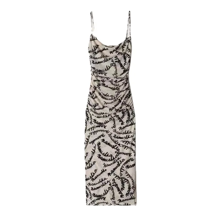 

Letter Logo Printing Slip Dress Slim Waist Stretch Midi Dress