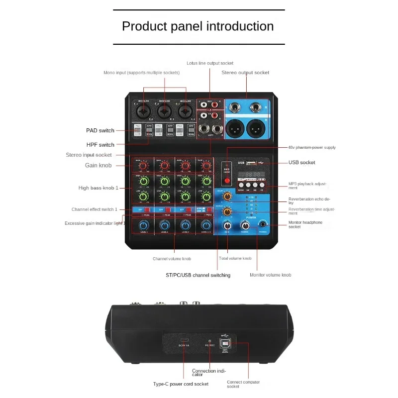F5-A Channel 5 Audio Mixer Interface Portable Mixing Console Sound Card for DJ Karaoke PC Recording