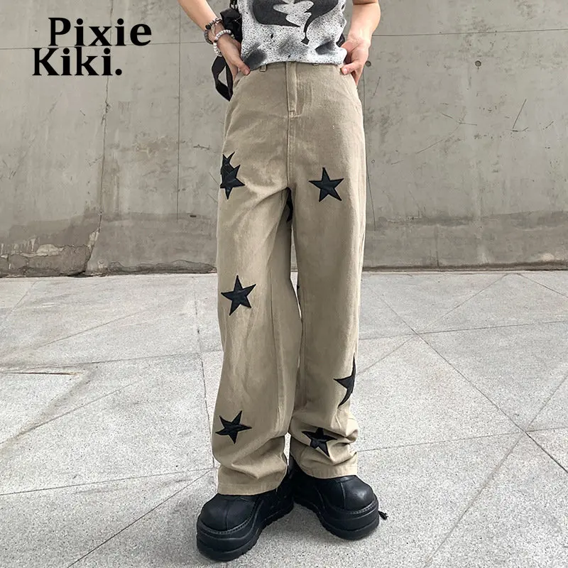

PixieKiki Patchwork Star Aesthetic Grunge Y2k Jeans Vintage Fall Streetwear Women High Waist Pants Khaki Denim Trousers P67-DI53