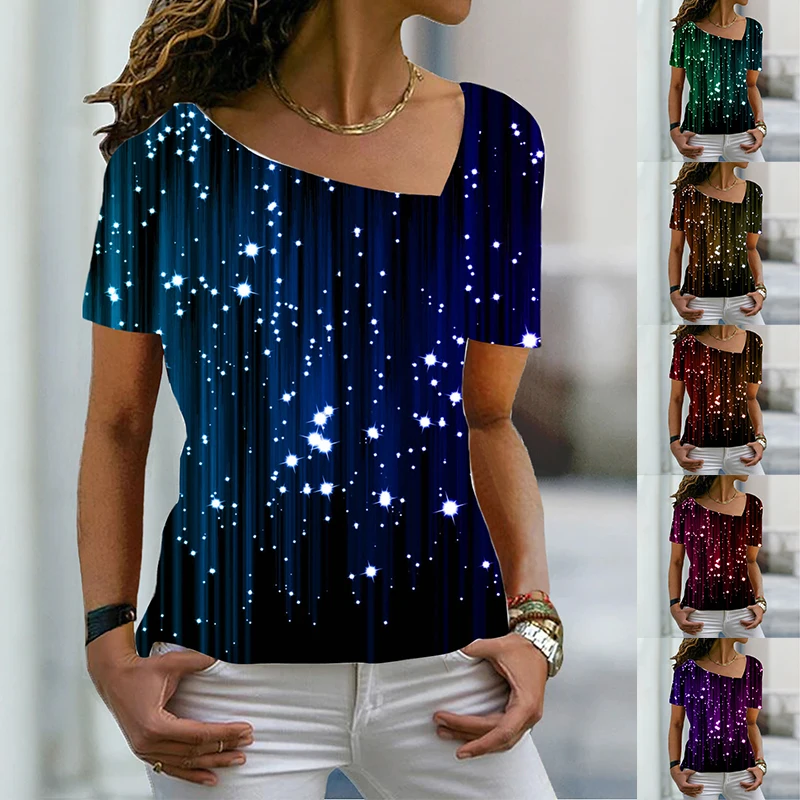 

2022 Summer Women's Abstract Painting T Shirt Shinely Print V Neck Basic Tops Female Casual Shirt Loose Plus Size Pullover New