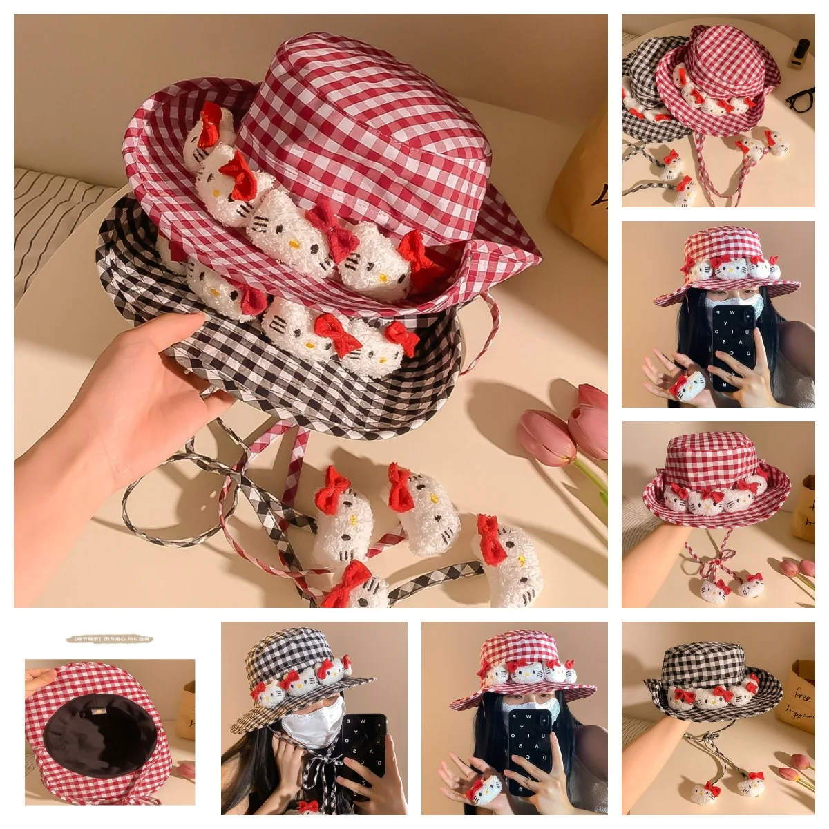 2024 рыбацкая шляпа с рисунком аниме Hello Kitty Sanrio милая красная клетчатая серия