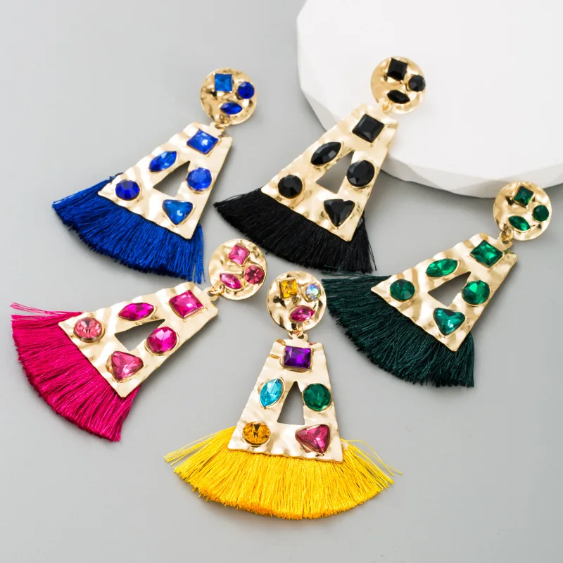 

Big Bohemian Multicolor Statement Tassel Earrings for Women Crystals Drop Dangle Vintage Earring