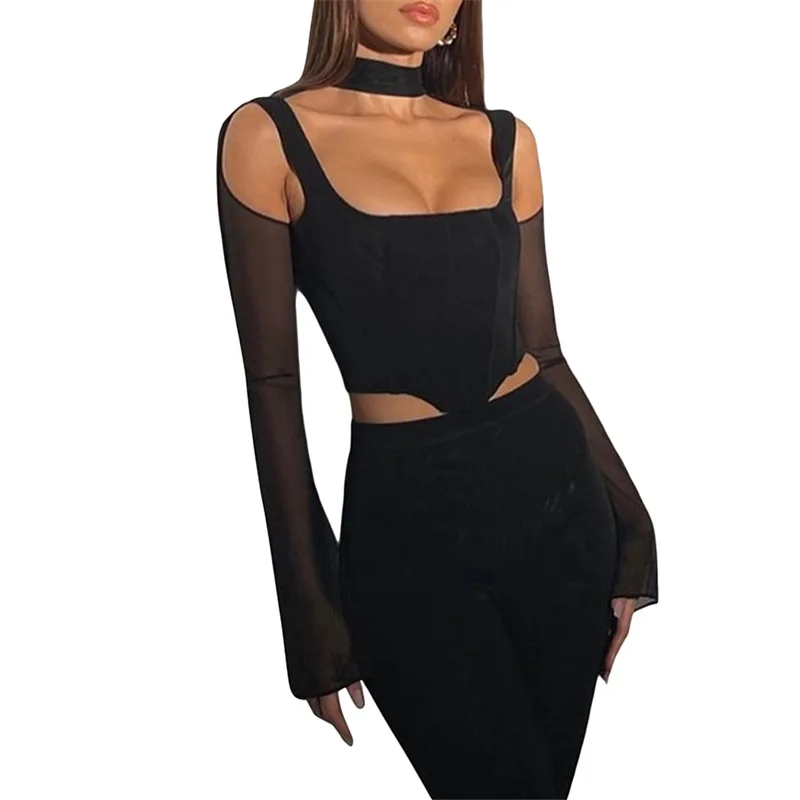 

Women's Long Sleeve Short Tops, See-Through Hollow Out Slim-Fit Short Blouse, Solid Color Navel Pullover