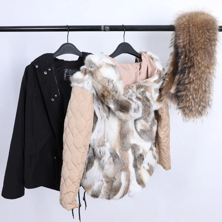 2022 Waterproof Parka Real Rabbit Fur Coat Natural Fox Raccoon Big Fur Collar Hood Winter Jacket Women Removable Short